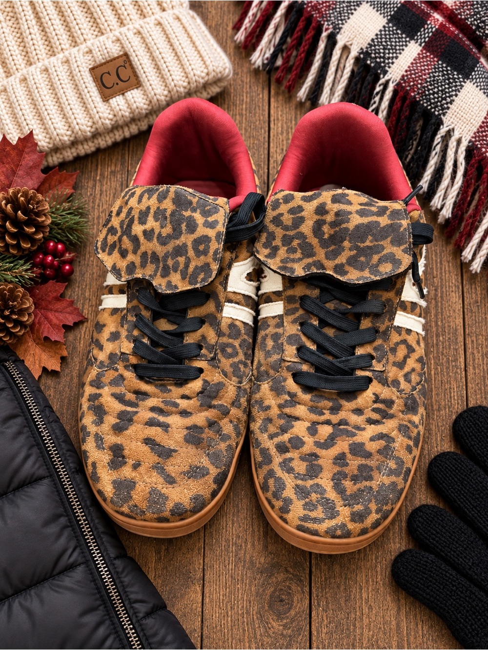Leopard Cheetah Print Lace Up Sneakers Black Red Women’s Size 11